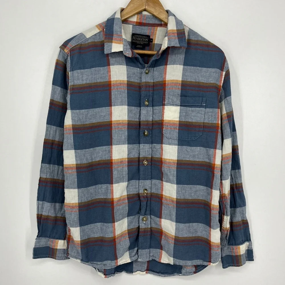 Pendleton Mens Blue Orange Plaid Linen Rayon Button‎ Down Shirt Size M